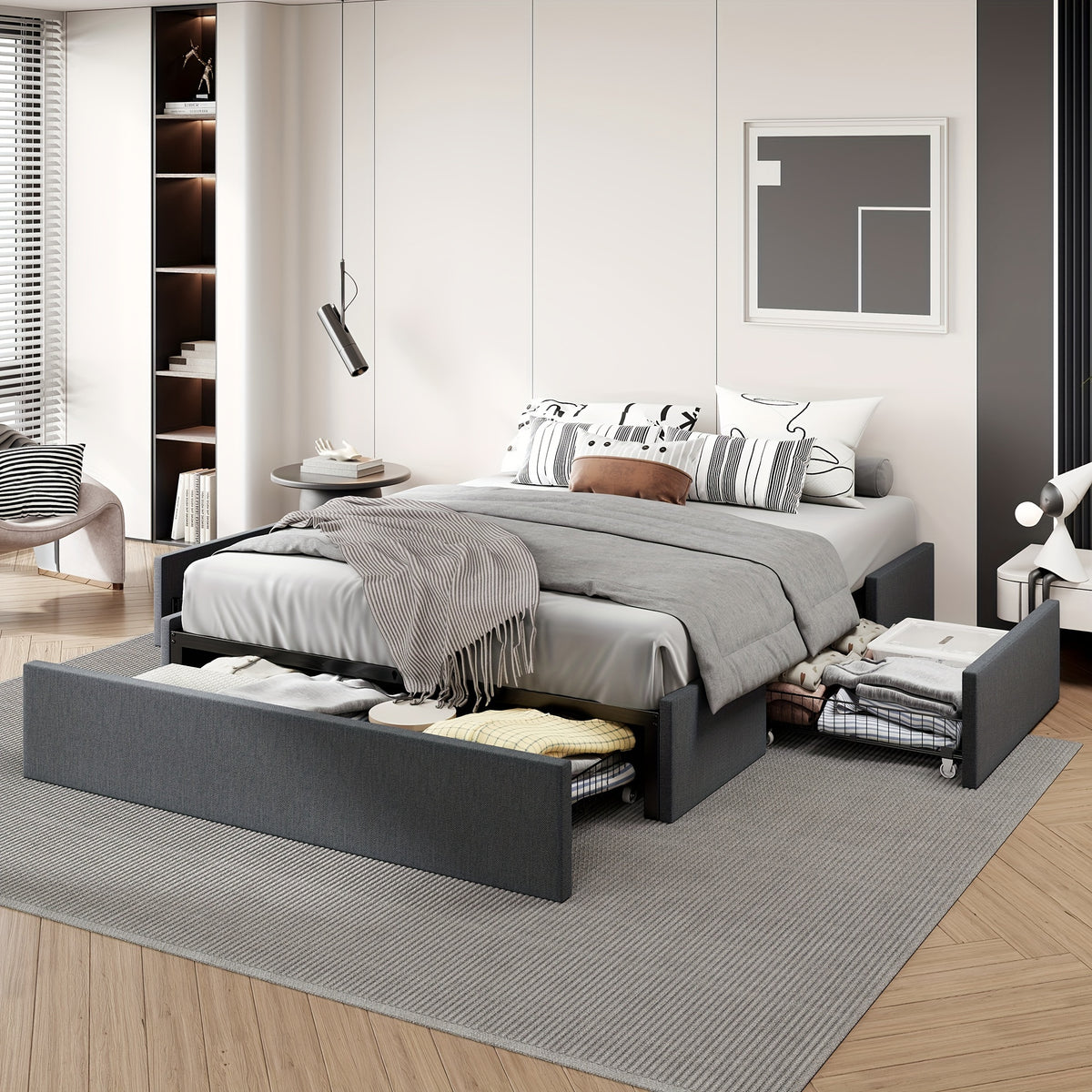 HOOMIC Full/Queen Size Platform Bed Frame with 3 Storage Drawers, Linen Fabric/Faux Leather Upholstered, Headboard Compatible, Wooden Slat Support, No Box Spring Needed, Noise Free, Dark Grey/Black