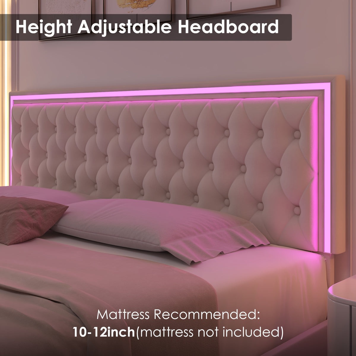 Full/Queen/King Size Modern Bed Frame with LED Headboard & 4 Storage Drawers - Upholstered Platform Bed, Button Tufted Headboard Suitable for Beige/White/Black - Assembly, No Box Spring Needed, Wood-Free