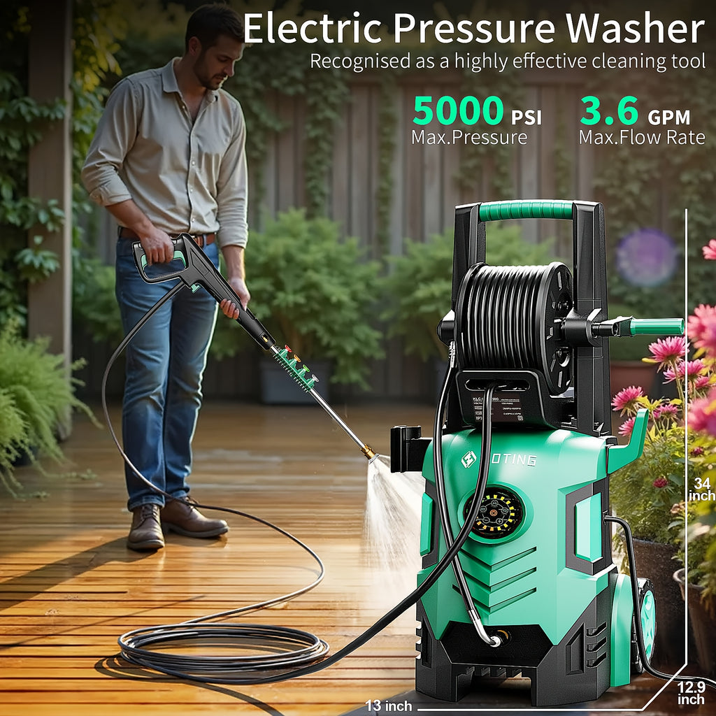 2025 Upgraded Electric Pressure Washer, IPX5 with Adjustable Touch Screen, IPX5 5000 PSI 3.3 GPM, 8 Power Settings, Suitable for Car, Yard, and Floor Cleaning, with 4 Nozzles, 23ft Hose, 16ft Power Cord, Detergent Bucket