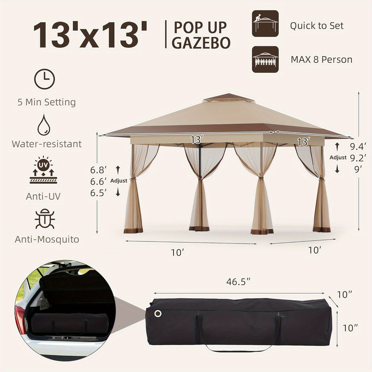 Bezseller Quick Pop-Up Gazebo Tent with Mosquito Netting - Large Portable Outdoor Canopy, Oxford Tarp, Easy Setup Shelter Suitable for Patio, Garden, Backyard Parties, Camping, Picnic, Poolside - Lightweight & Sturdy Frame