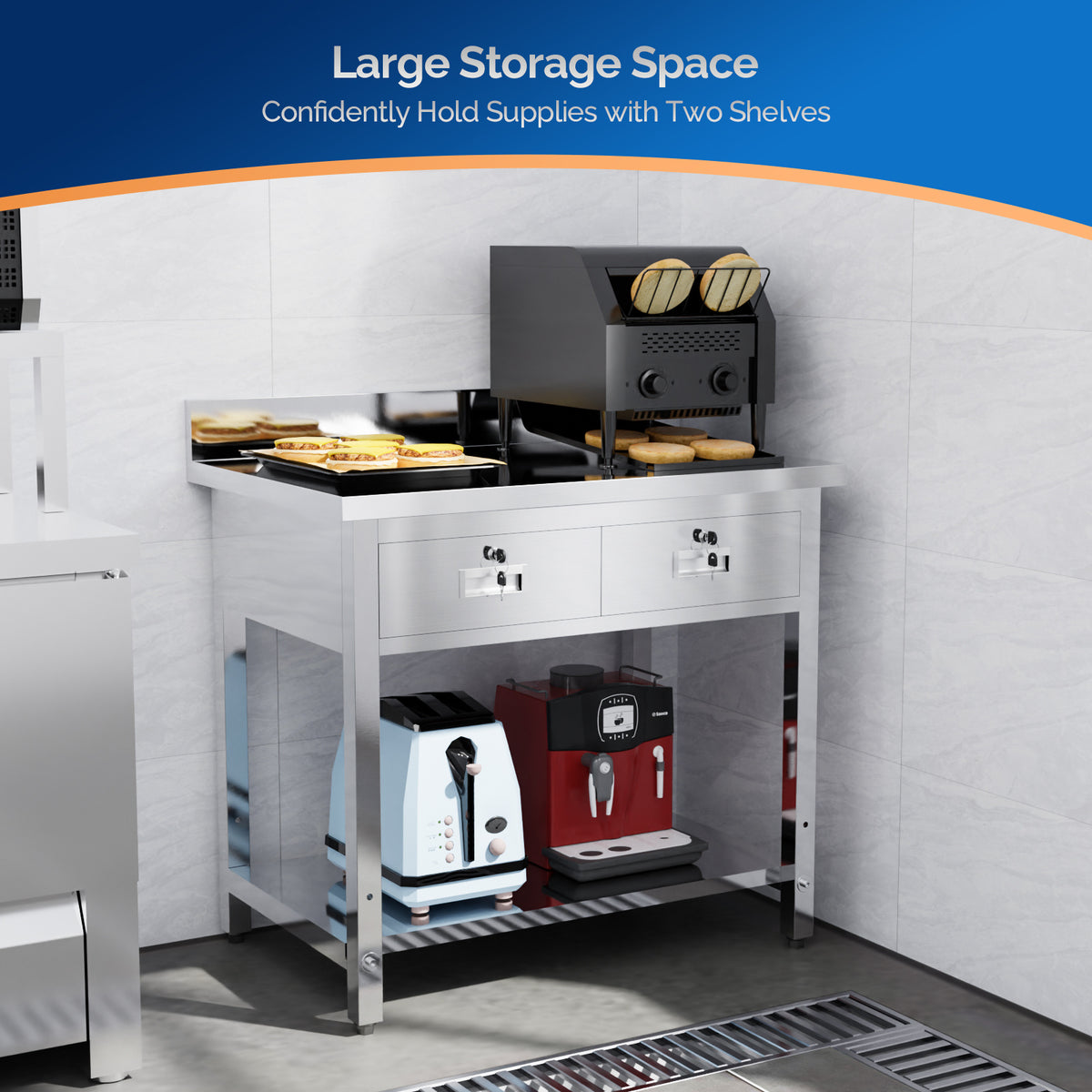 MEFEIR 42"x26" Heavy Duty Stainless Steel Commercial Prep Table with 2 Drawers & Undershelf - for Kitchen, Restaurant, Home, Garage