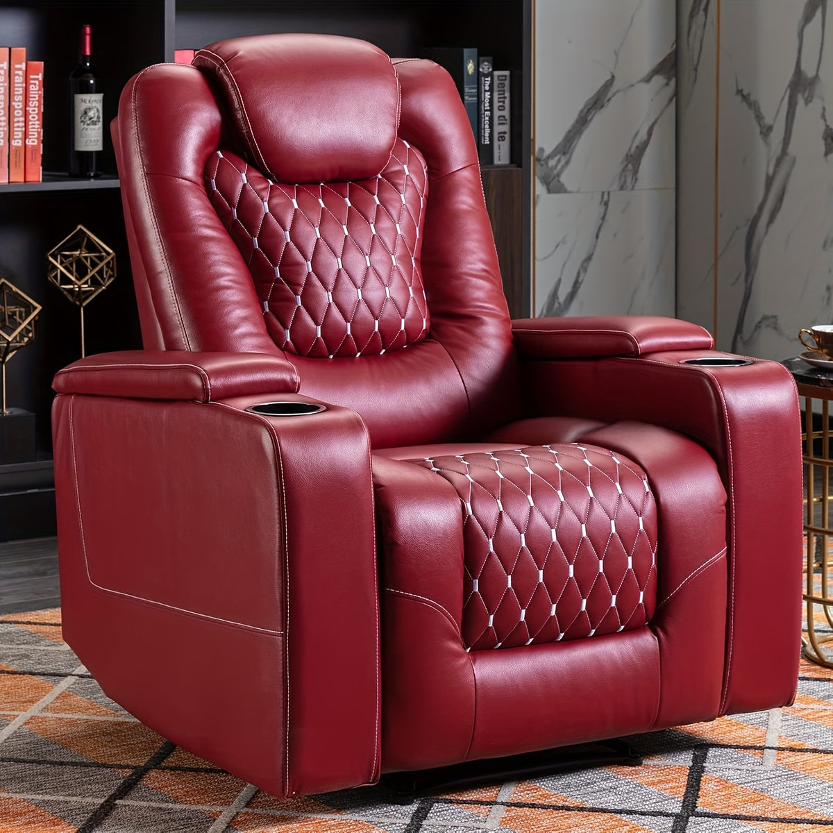 Power Recliner Chair with USB Ports And Cup Holders - Overstuffed Electric Home Theater Seating Faux Leather Reclining Furniture with Hidden Arm Storage, Easy to Clean (Black)