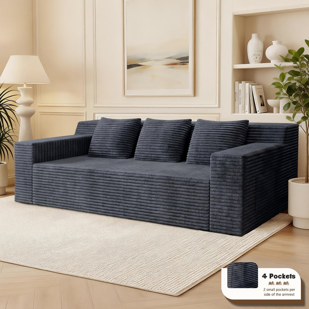 43.3-80.7" Corduroy Living Room Sofa, 3 Setaser Deep Seat Couch With 3 Lumbar Pillows, Comfy Boneless Sofa Modern Compressed Couch For Bedroom, Office, Apartment