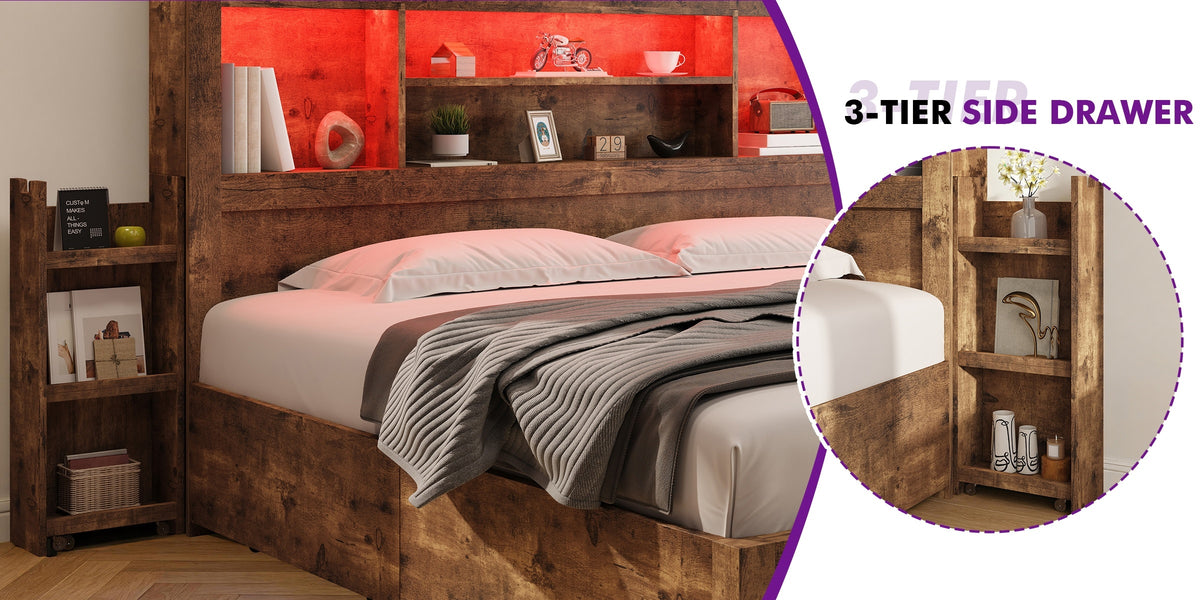 Wooden Platform Bed Frame with 4 Storage Drawers and Farmhouse Styling for Organized Bedrooms