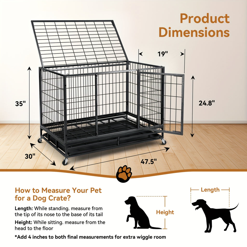 TOWALKER 48 Inch Heavy Duty Dog Crate, Indestructible Metal Wire Dog Crate, Folding Design Dog Kennel, Stackable Feature Dog Cage, XXL for Large Dogs, Sturdy Locks Design/Double Door with Wheels/Removable Tray
