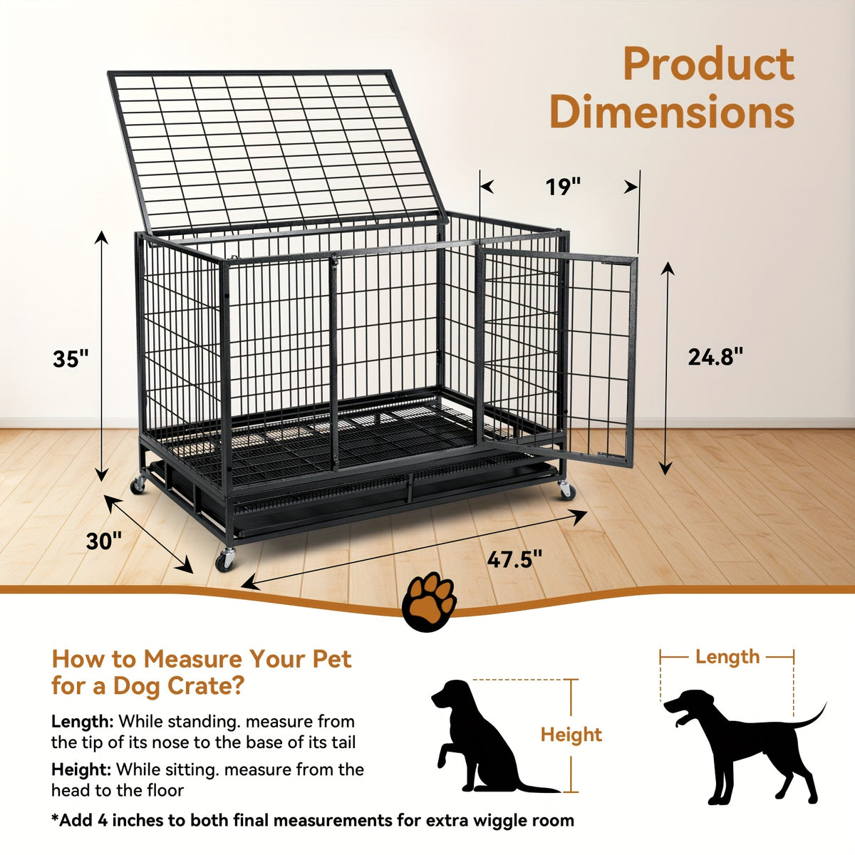 TOWALKER 48 Inch Heavy Duty Dog Crate, Indestructible Metal Wire Dog Crate, Folding Design Dog Kennel, Stackable Feature Dog Cage, XXL for Large Dogs, Sturdy Locks Design/Double Door with Wheels/Removable Tray