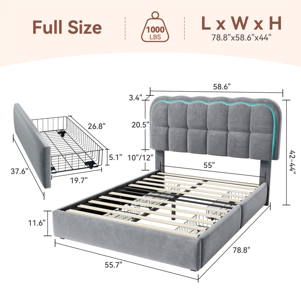 MRAEER Twin/Full/Queen Bed Frame | LED Lighting, 2/4 Storage Drawers, Cloud-Style Soft Headboard, Velvet Modern Platform Bed, Mattress Not Required, Halloween/Christmas Gift, White/Pink/Grey, Hardwood and Metal Construction