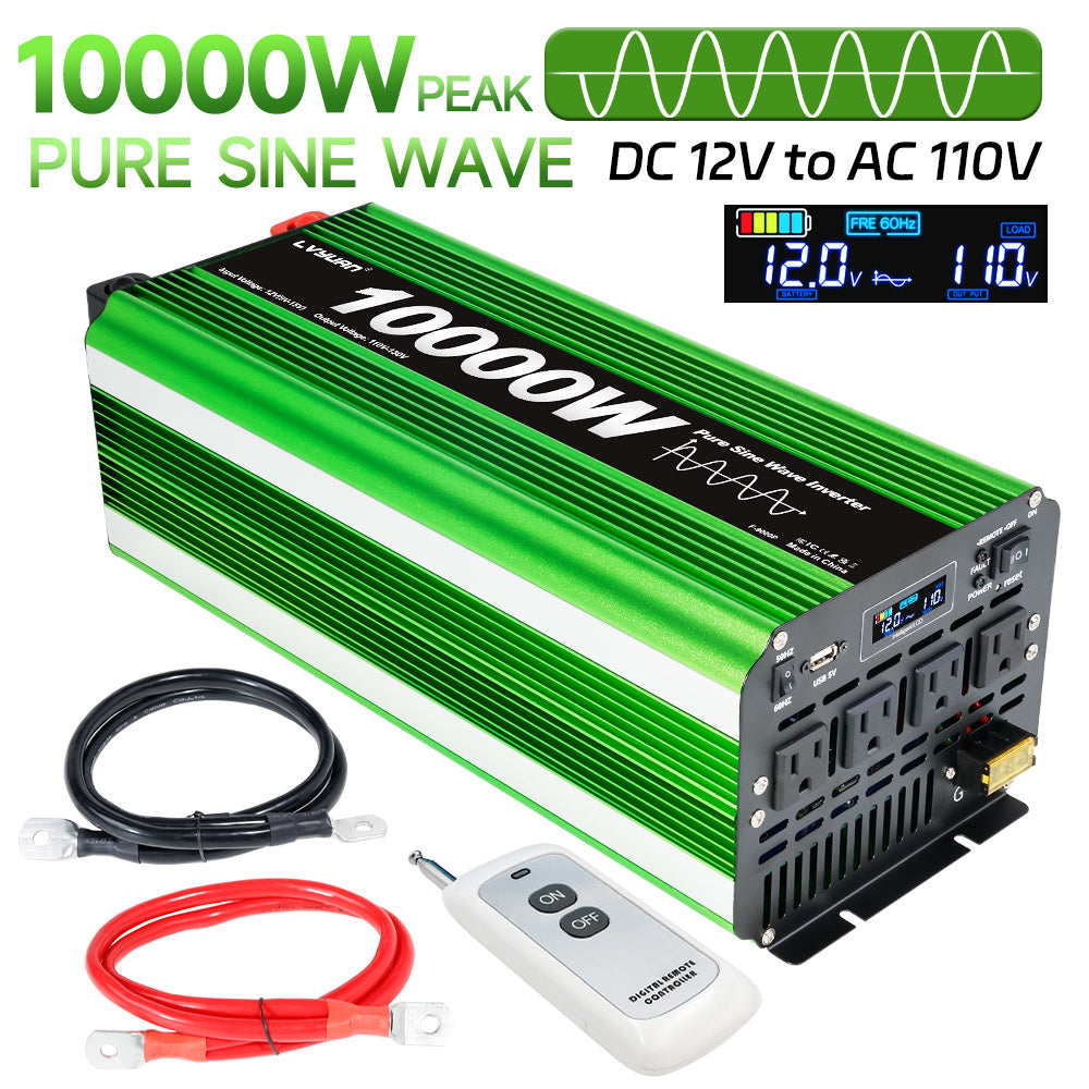 Pure Sine Wave Inverter 10000 Watt (Peak) Vehicle Power Inverter, Converts 12 Vdc to 110 Vdc to 120 Vdc, with LCD Display, Remote Control and Troubleshooting, 4 US Sockets for Car Onboard Chargers, for Home Solar Systems, RV's, and Vans, without Batteries