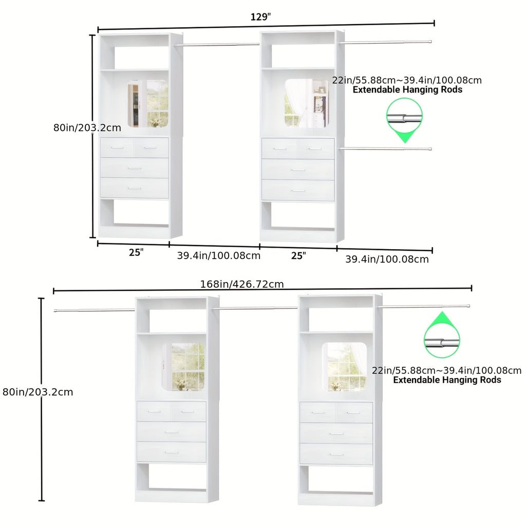 Unikito Closet Systems, 6-14ft Walk In Closet Organizer with 8 Drawers And Mirror, 168" Large Wood Closets Insert with Tower, Sturdy Wardrobe Closets Garment Rack with Extendable Hanging Rods, White