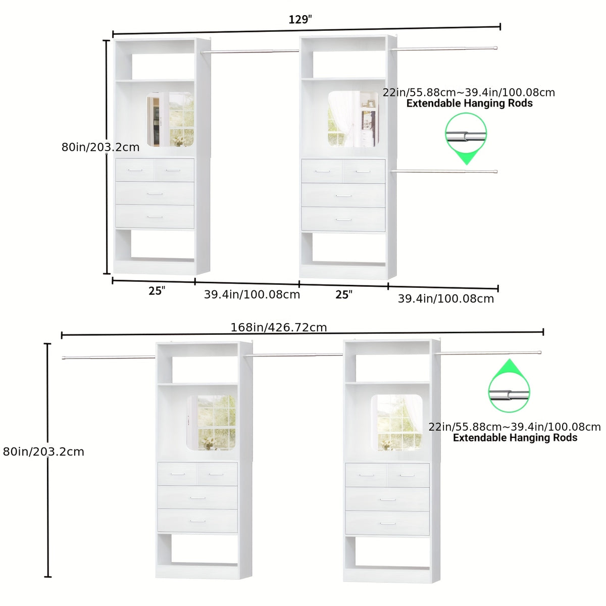 Unikito Closet Systems, 6-14ft Walk In Closet Organizer with 8 Drawers And Mirror, 168" Large Wood Closets Insert with Tower, Sturdy Wardrobe Closets Garment Rack with Extendable Hanging Rods, White