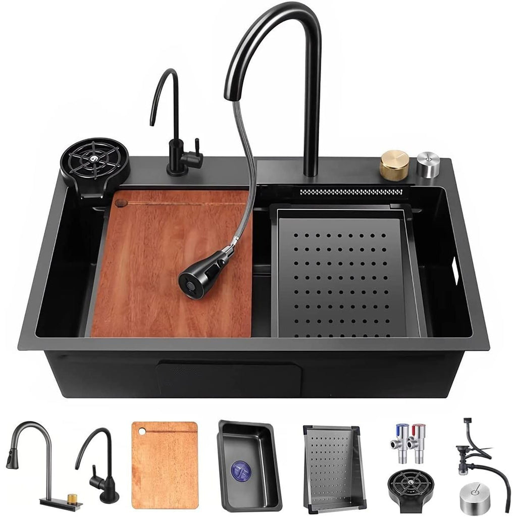33x22 INCH Nano Black Flying Rain Drop In Stainless Steel Watefall Kitchen Sink Single Bowl with Pull Down Faucet Set Accessories Included