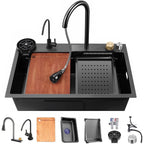 33x22 INCH Nano Black Flying Rain Drop In Stainless Steel Watefall Kitchen Sink Single Bowl with Pull Down Faucet Set Accessories Included