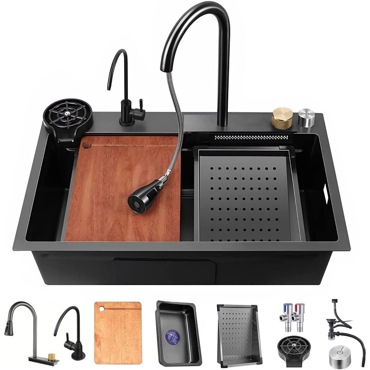 33x22 INCH Nano Black Flying Rain Drop In Stainless Steel Watefall Kitchen Sink Single Bowl with Pull Down Faucet Set Accessories Included
