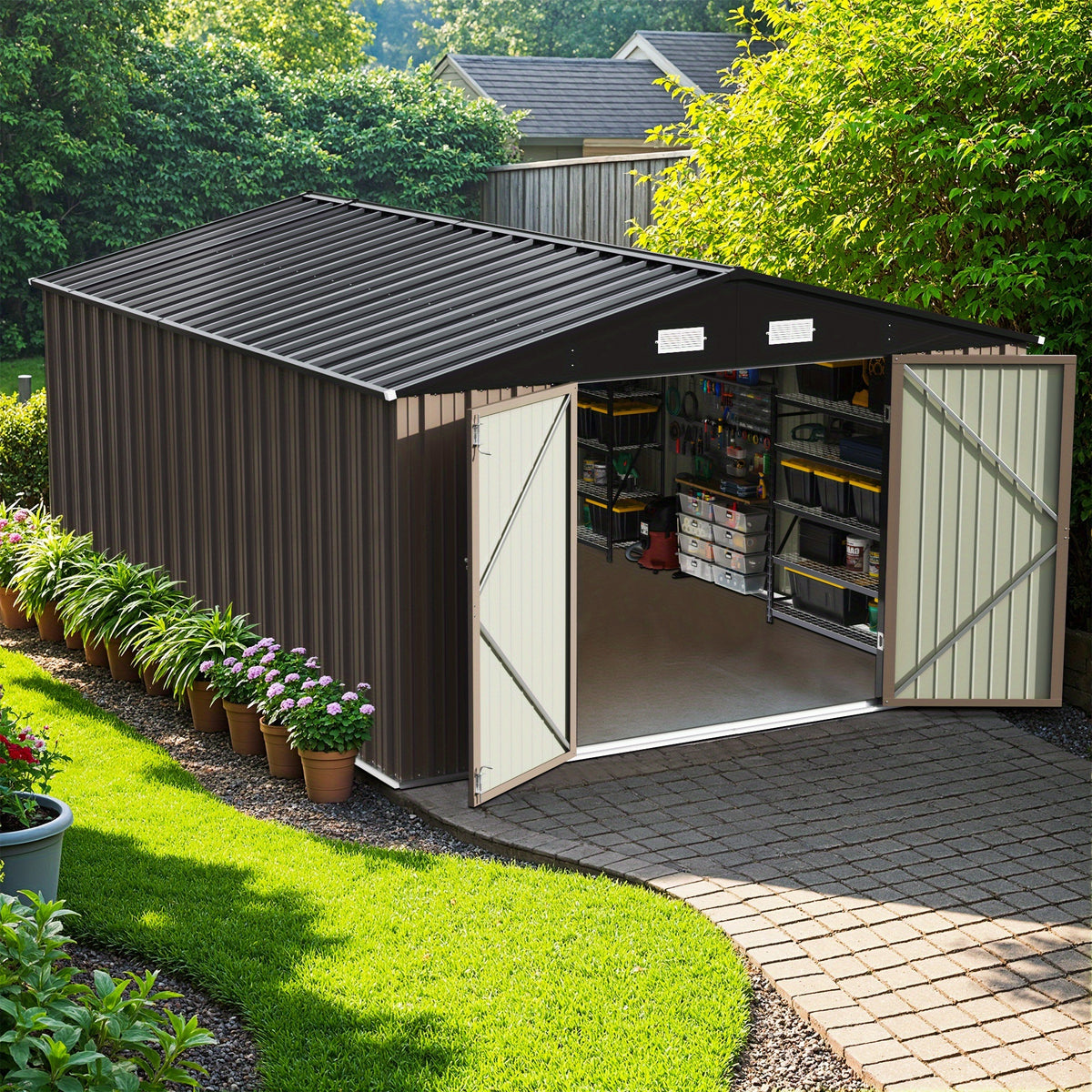 GUNJI Heavy-Duty 10X14 FT & 5X3 FT Metal Garden Shed With Double Hinged Large DoorSecure Tool Sheds & Backyard Organization For Outdoor Storage Solutions, Patio Storage, Garbage Can, Chicken Coop