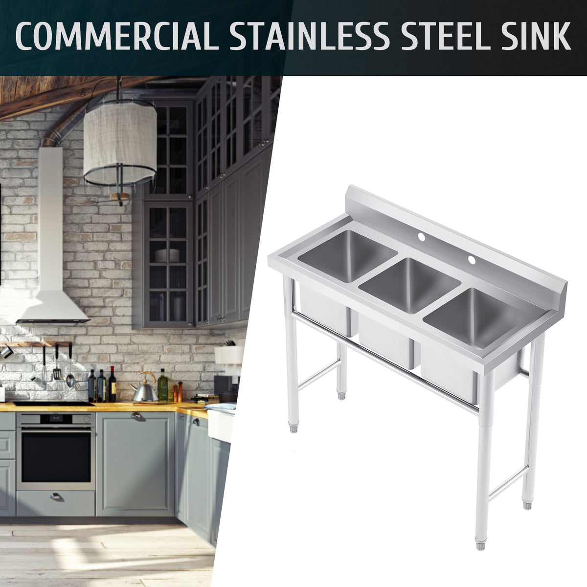 Commercial Stainless Steel Sink with Strainer 39" W × 17.7" D × 37.4" H, Kitchen Sink Station Utility Sink for Home Laundry Room Garage, 3 Compartment Sink for Bar Restaurant
