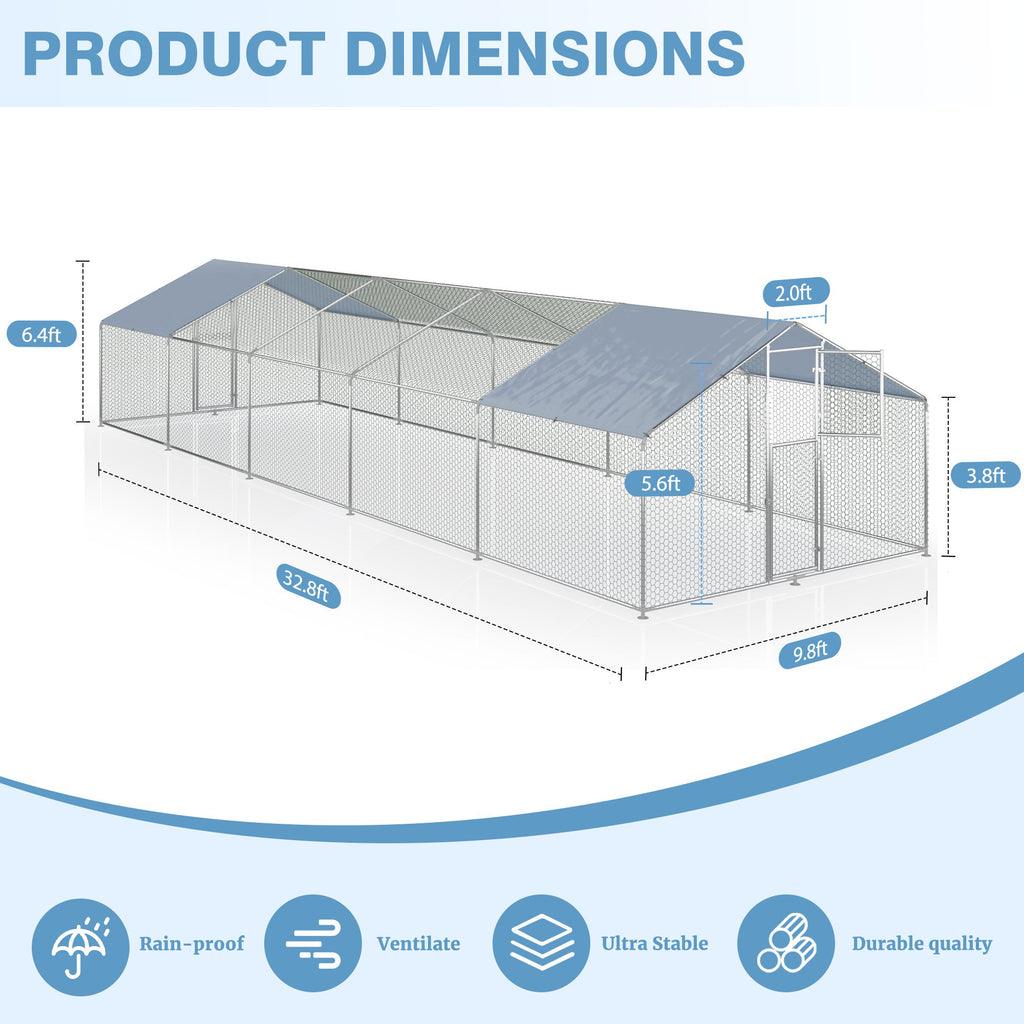Walk-In Chicken Run with Feeding Port and UV-Resistant Cover, Galvanized Outdoor Poultry Enclosure