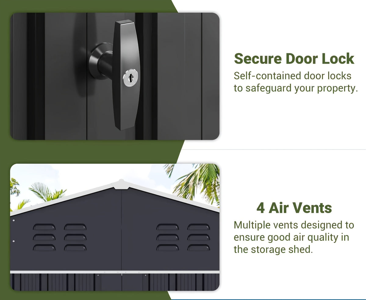 [Extra-Large Metal Shed] 5X3/12X16/12X18 FT Outdoor Storage Shed, Extra-Large Metal Shed With Hinged Door And Windows, Heavy-Duty Metal Tool Shed For Backyard, Garden, Patio, Or Lawn, Black