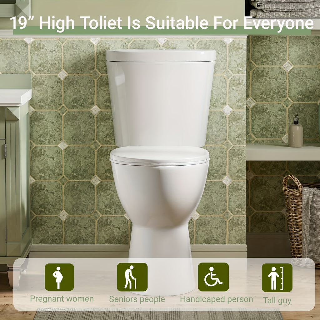 19'' High Rear Outle Toilet, Dual Flush 1/1.28 GPF, Round Rear Discharge with Soft Close Seat & Extension Pipe, Ideal for Seniors, Handicap & Tall Users