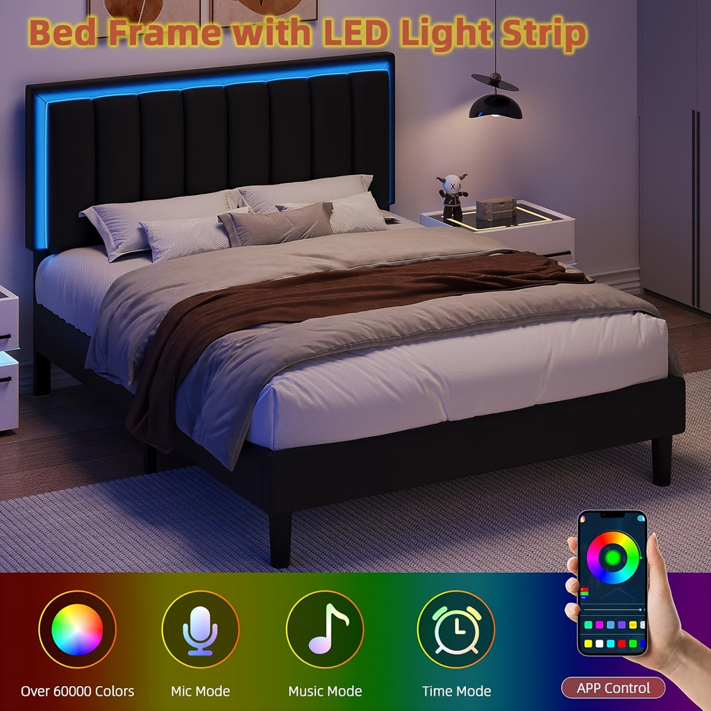 Twin Full Queen Size Bed Frame with LED Lights, Upholstered Queen Size Bed Frame with Headboard And Footboard, Heavy Duty Wood And Metal Slats Support, Noise-Free, No Box Spring Needed, Queen Bed Easy Assembly, Black, White, Pink