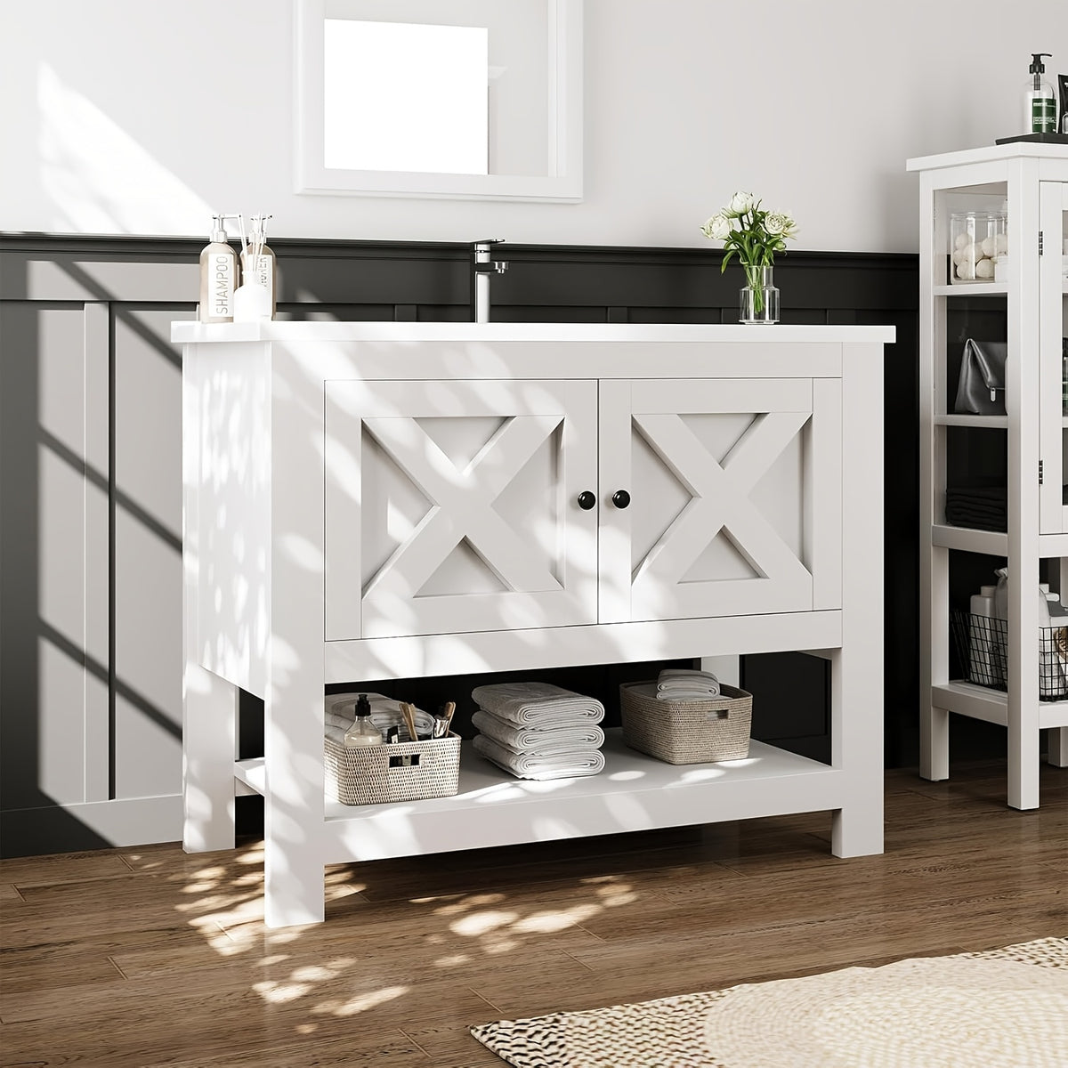 [Bathroom Vanity Cabinet] 4 Ever Winner 35-Inch Bathroom Vanity Cabinet With 2 Doors And Open Shelf, Country Style Bathroom Vanity With Sink, Black/White