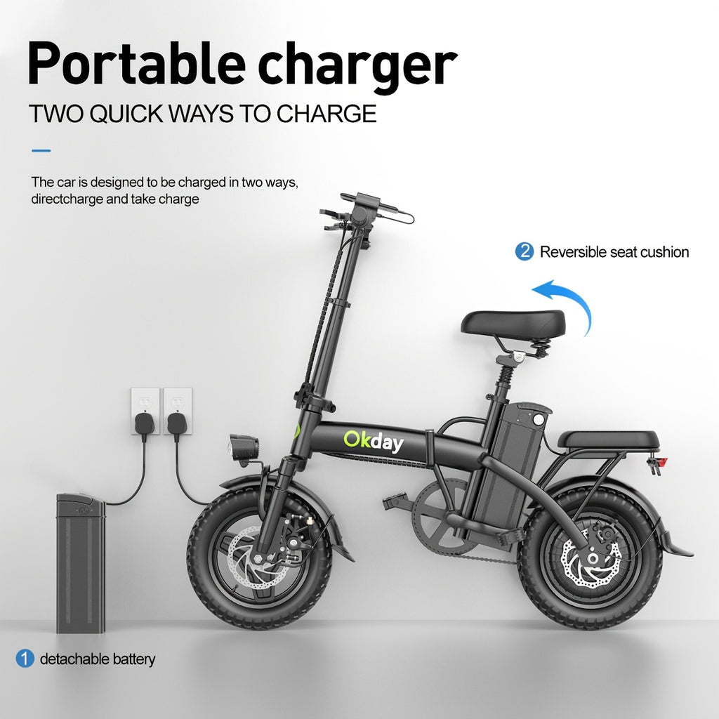 High-Power Electric Bicycle - Long Range, Foldable Portable Electric Scooter, Equipped with Dual Brakes, 14-Inch All-Terrain Tire Wheels, Dual Power Batteries/Electric Mode, Multi-Functional Bicycle, Iron-Carbon Alloy Frame