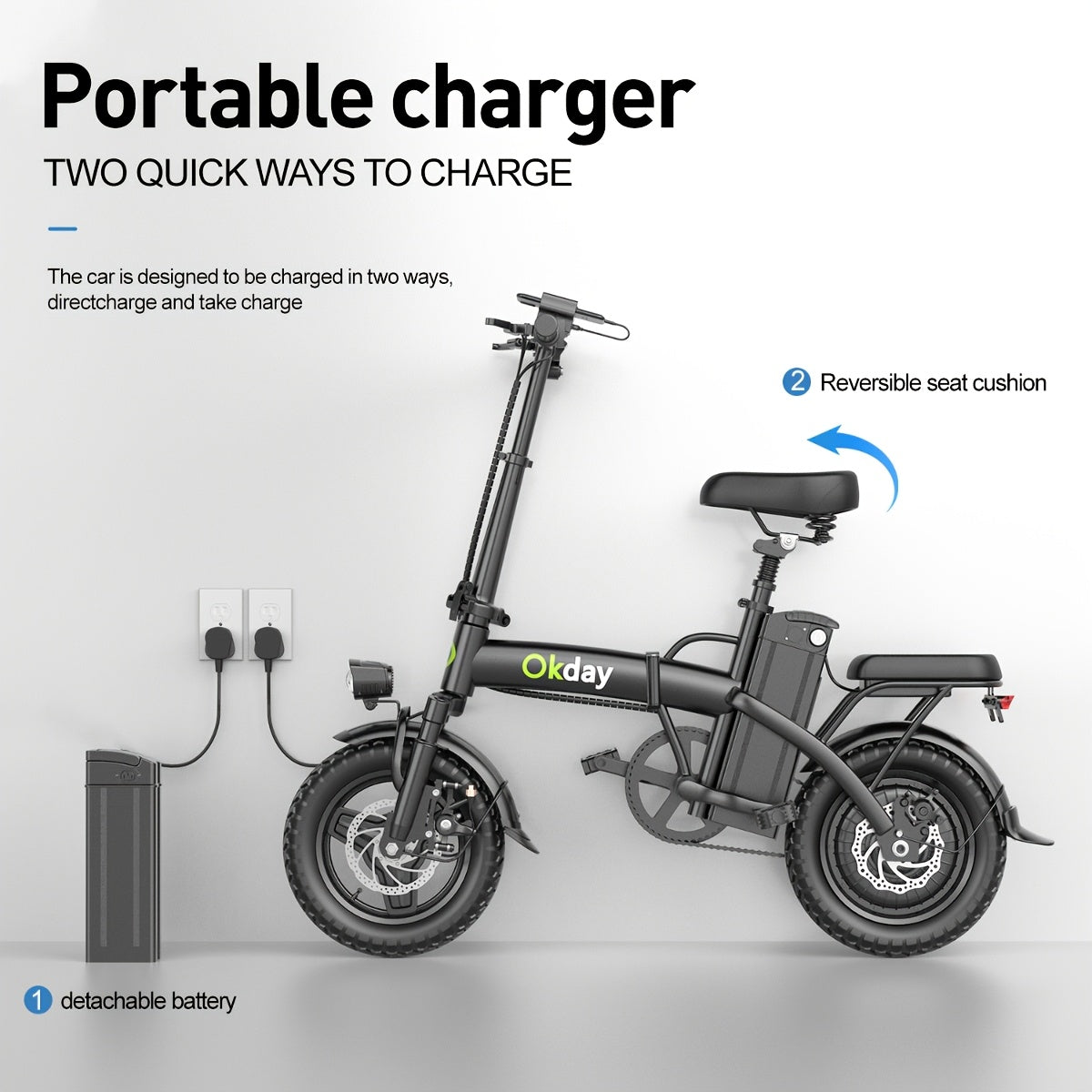 High-Power Electric Bicycle - Long Range, Foldable Portable Electric Scooter, Equipped with Dual Brakes, 14-Inch All-Terrain Tire Wheels, Dual Power Batteries/Electric Mode, Multi-Functional Bicycle, Iron-Carbon Alloy Frame