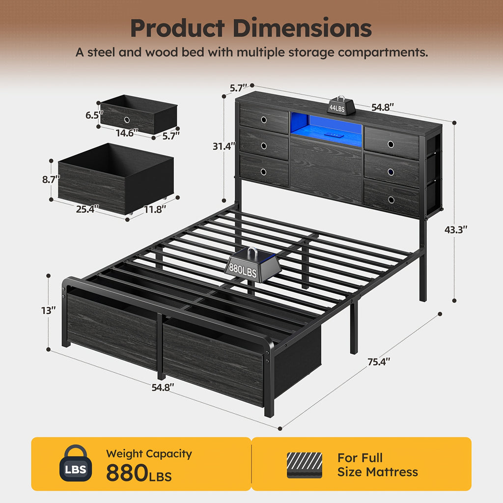 Reinforced Storage Bed Frame, King/Queen/Full with 8/9 Drawers, Headboard Storage, Multi-Color LED Lights & Charging Station, Noiseless & Easy Assembly, Black/Tiger Brown