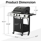 Grill with Side Burner & Cast Iron Grates, Lockable  Wheels, Barbecue Grill with 395 Square Inches Large Cooking Area, Camping Grill for Barbeque and Outdoor Cooking, Black
