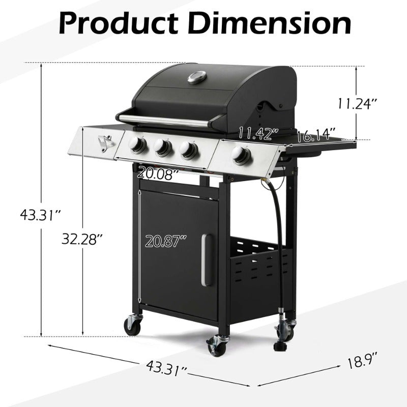Grill with Side Burner & Cast Iron Grates, Lockable  Wheels, Barbecue Grill with 395 Square Inches Large Cooking Area, Camping Grill for Barbeque and Outdoor Cooking, Black