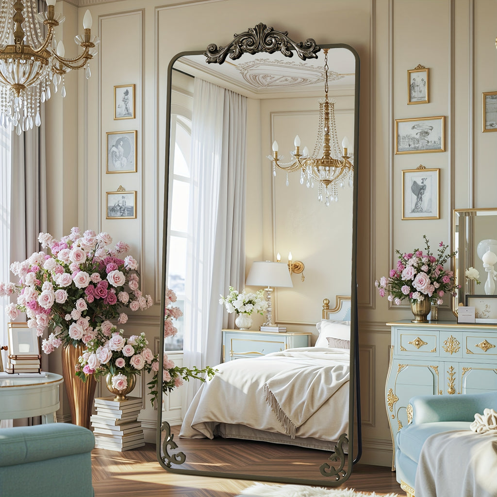 A Freestanding Full-Length Mirror Measuring 65 Inches by 24 Inches, Featuring a Carved Metal Frame, Suitable for Use in The Living Room. It Can Be Mounted Standing, Hanging, Or Leaning, And Boasts a Luxurious Design