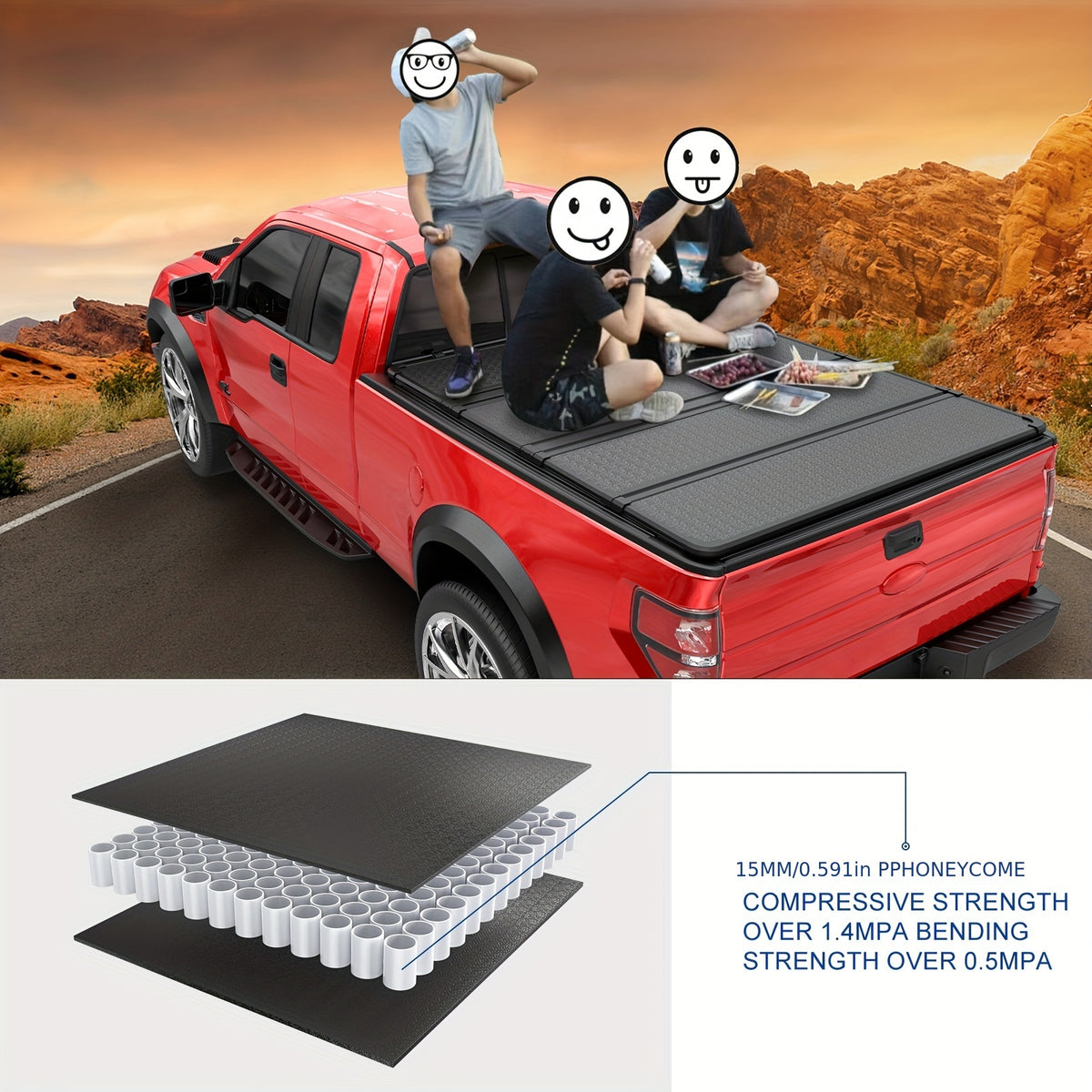 5.5ft Hard Tonneau Cover 4-Fold for Ford for F150 F-150 Truck Bed 2015-2026 W/ Lamp Truck Bed Accessories Truck Stuff Pickup Truck Bed Cover Truck Cargo Cover Pickup Tonneau Lid