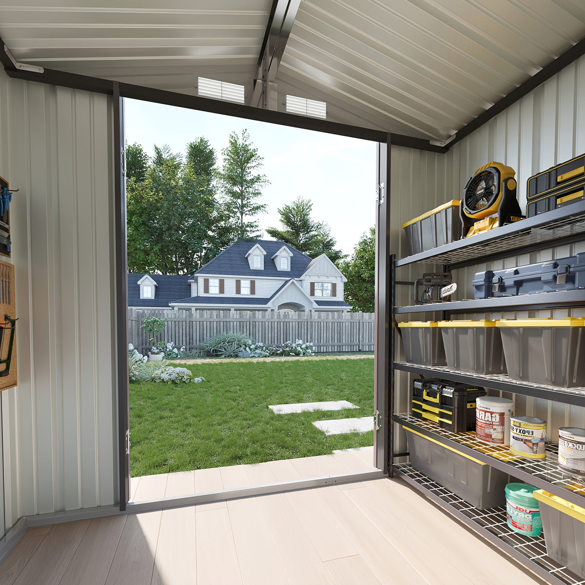 Outdoor Storage Shed in Brown, Galvanized Metal Organizer with Lockable Double Doors and Five Configuration Options