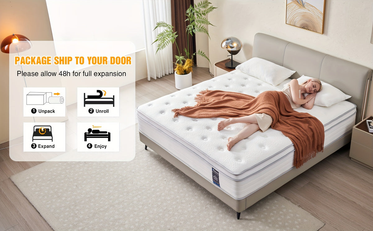 12/14 "Full Queen King Size Memory Foam Mattress - Ergonomic Design, Medium Sturdy Hybrid Mattress, Luxurious Comfort Pocket Spring, White Quilted CoverColchones Para Cama