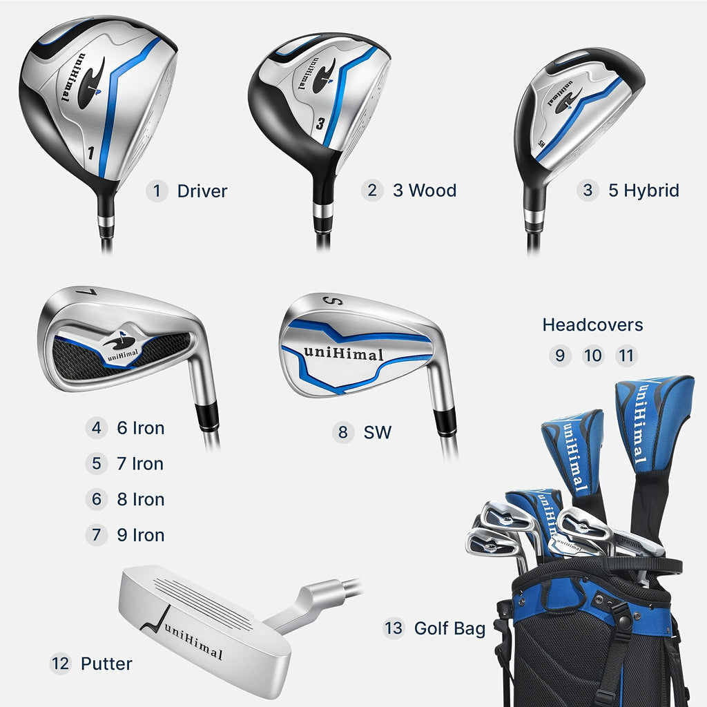 Men's Golf Club Set, Right Hand 9-11pcs Complete Set with Driver, Woods, Hybrids, Irons, PW, SW, Putter, Stand Bag And Headcovers