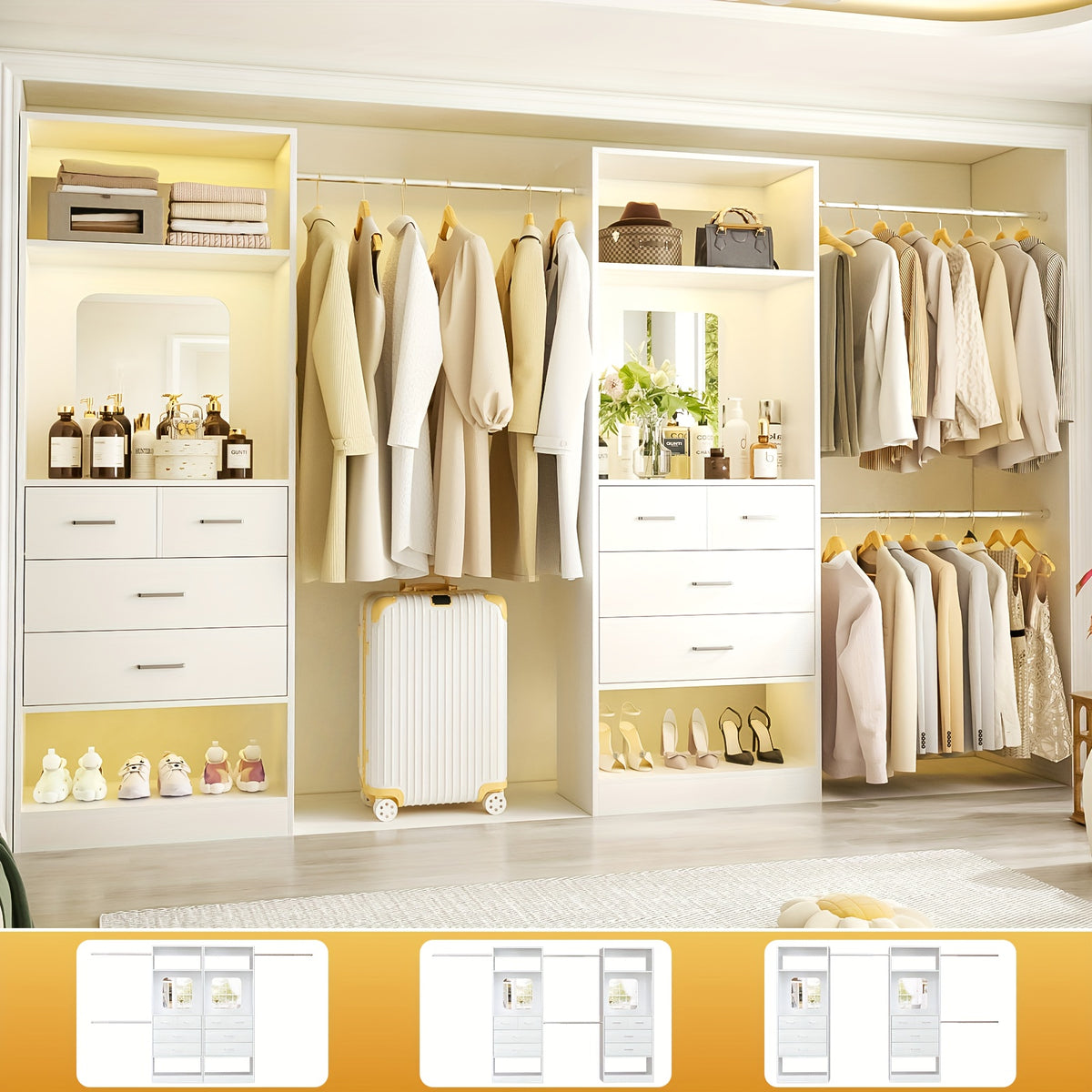 Besiost Closet Systems, 6-14ft Walk In Closet Organizer with 8 Drawers And Mirror, 168" Large Wood Closets Insert with Tower, Sturdy Wardrobe Closets Garment Rack with Extendable Hanging Rods, White