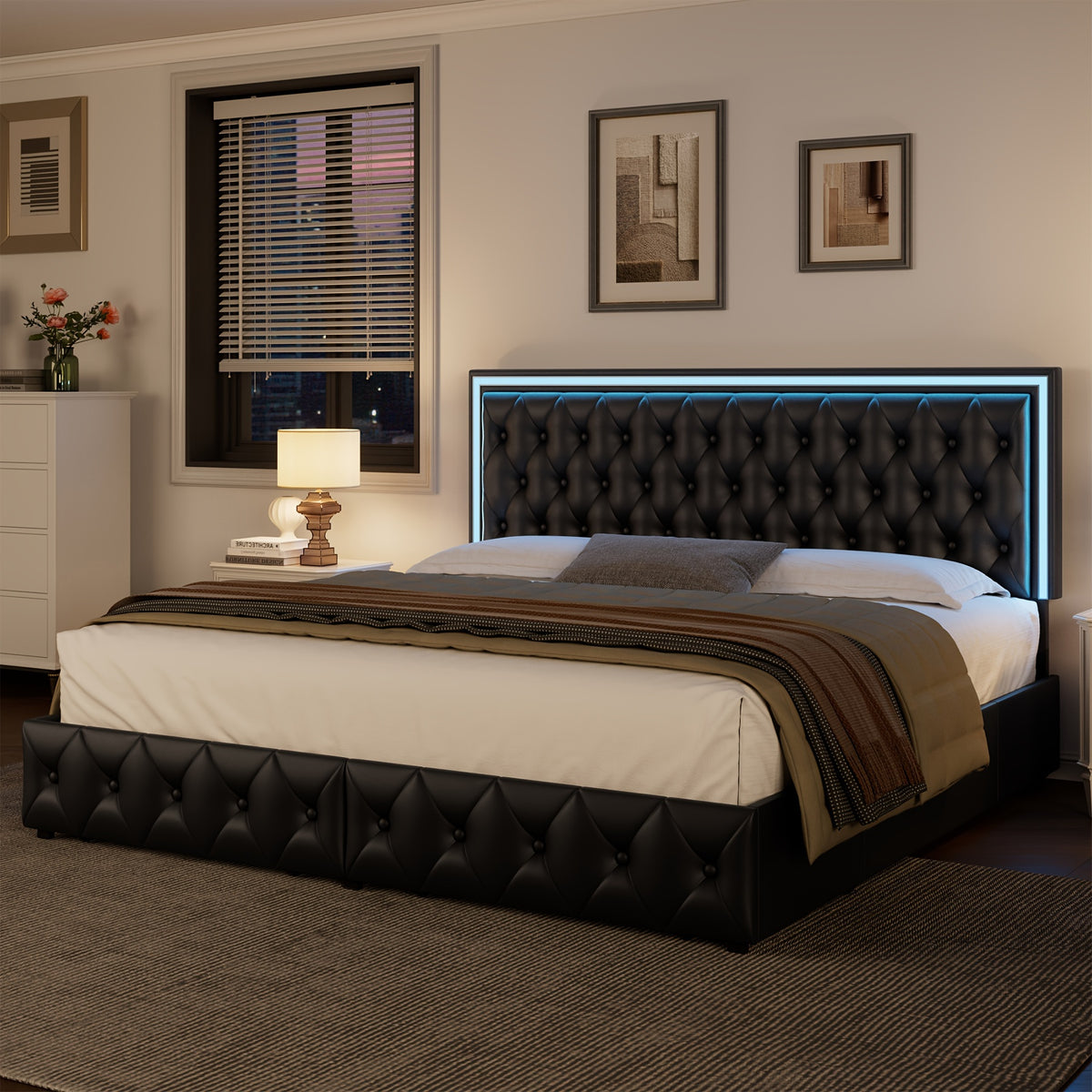 Full/Queen/King Size Modern Bed Frame with LED Headboard & 4 Storage Drawers - Upholstered Platform Bed, Button Tufted Headboard Suitable for Beige/White/Black - Assembly, No Box Spring Needed, Wood-Free