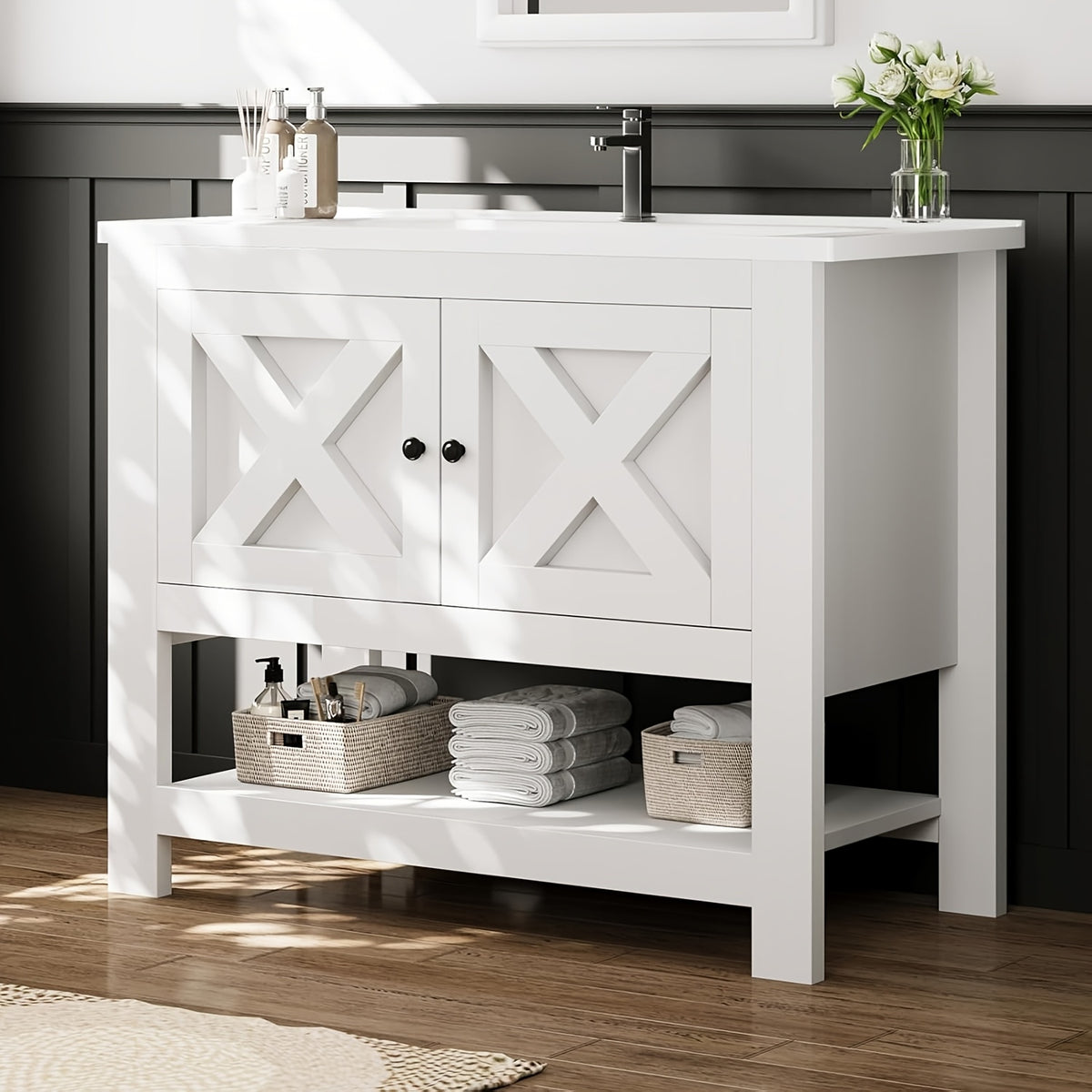 [Bathroom Vanity Cabinet] 4 Ever Winner 35-Inch Bathroom Vanity Cabinet With 2 Doors And Open Shelf, Country Style Bathroom Vanity With Sink, Black/White