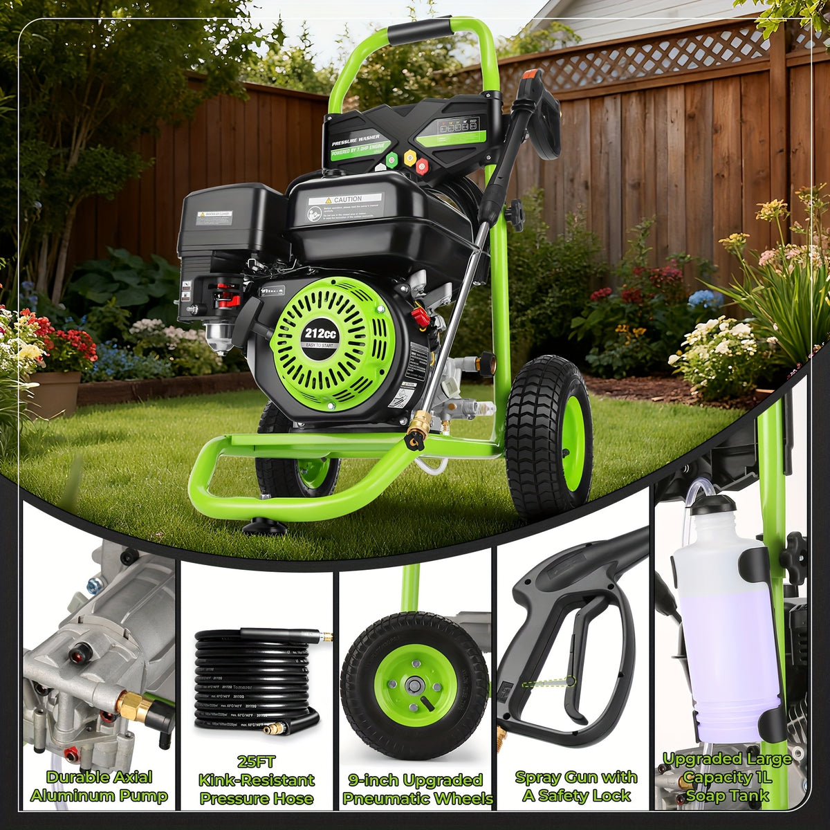 4400PSI Gas Pressure Washer 5.0GPM Gas Power Washer 212CC Gas Powered Washing Machine Commercial High Pressure Washer with 25ft Hose&5 Nozzles for Patio Garden Yard Vehicle, EPA/CARB/ETL