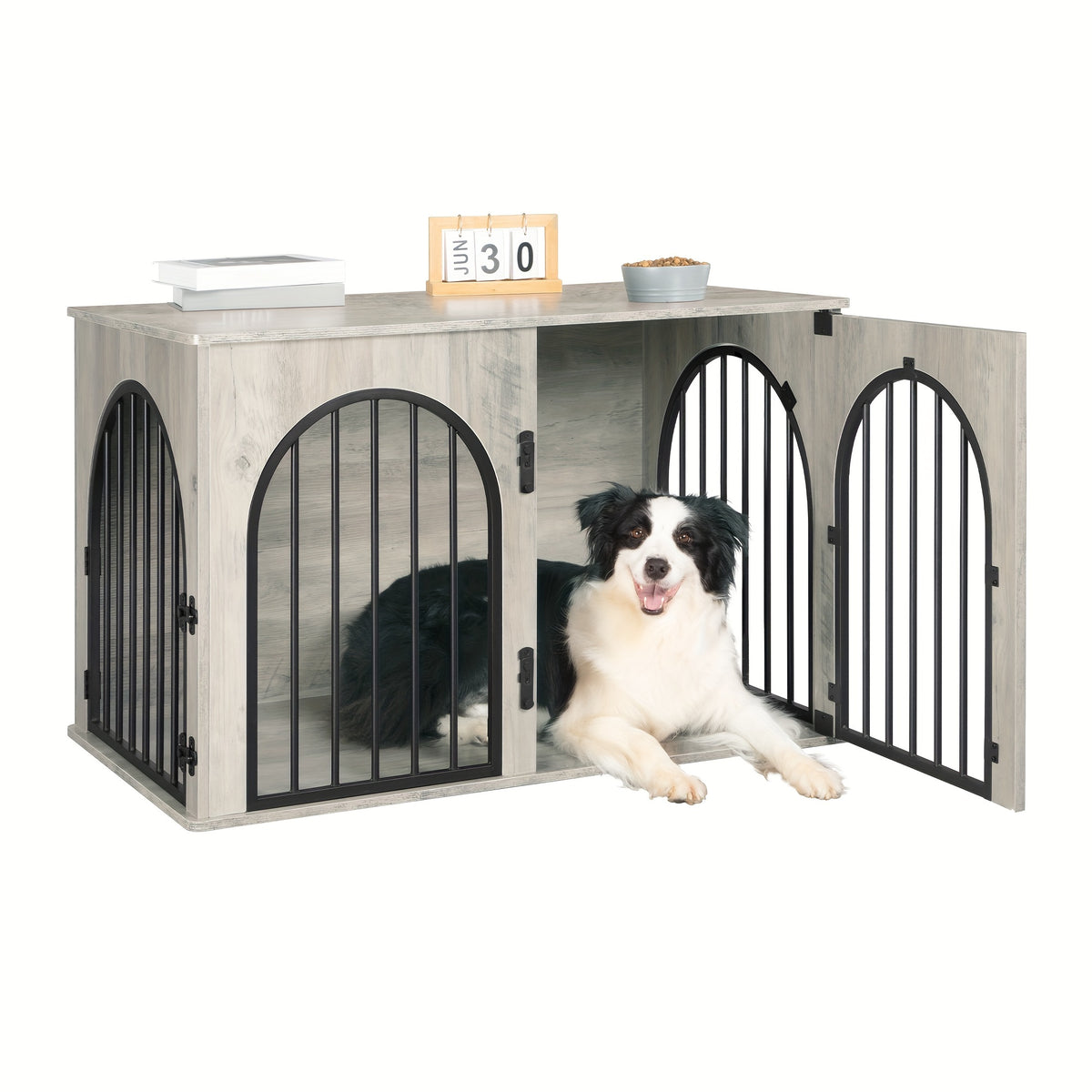 39.4'' Dog Crate Furniture - Dog Kennel Indoor Arched Door Design, Wooden Dog Crate Furniture For Small/Medium/Large Dog, Side Table, TV Stand, Anti-Chew, Anti-Escape - Rustic Brown, Black Gold, Greige Black, White Brown - For Dog Owners - Provides Safe &
