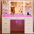 Makeup Vanity Table with LED Lighted Mirror, Power Outlet, 7 Drawers, 4 Shelves, 5 Jewelry Hooks
