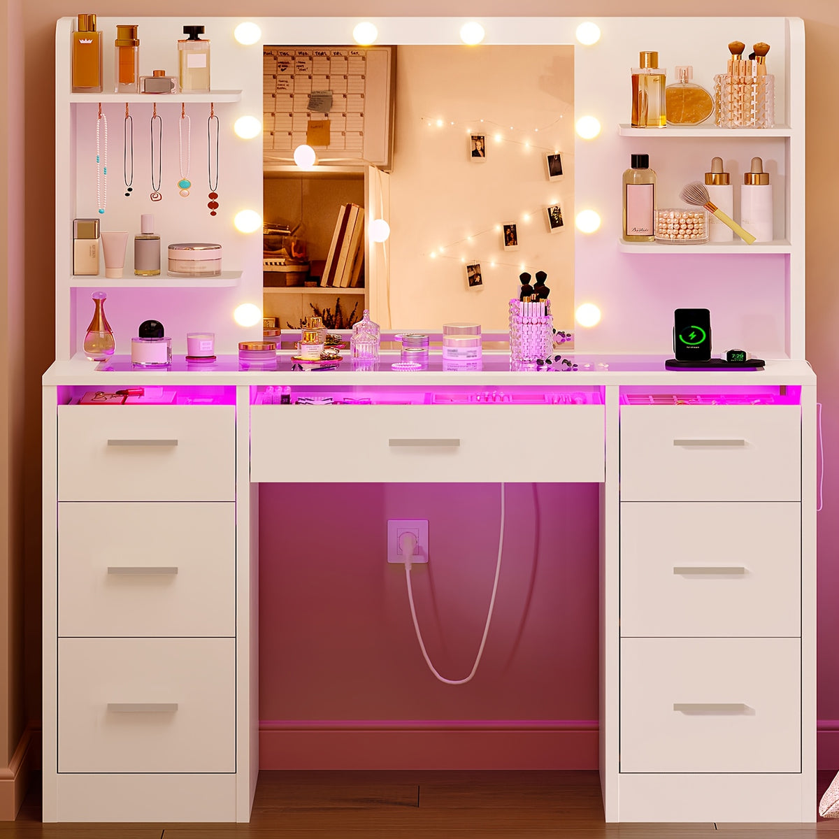 Makeup Vanity Table with LED Lighted Mirror, Power Outlet, 7 Drawers, 4 Shelves, 5 Jewelry Hooks