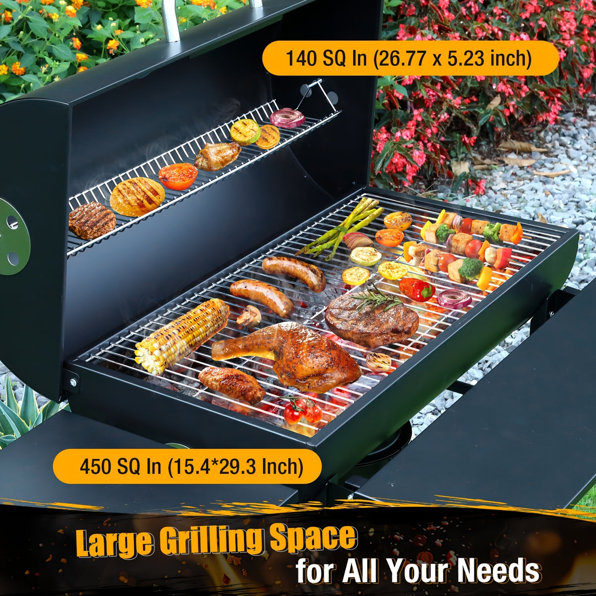 Charcoal BBQ Grills Outdoor - Barrel Charcoal Grill with Offset Smoker(Model: L)/ Outdoor BBQ Grill with Side Table(Model:M/XL-A/XL-C)for Backyard, Patio, Parties, Camping, Outdoor Cooking, Large Event Gathering, Black