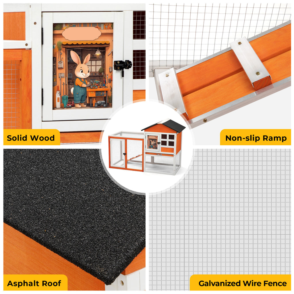 2-Tier Wood Rabbit Hutch, Indoor Outdoor Small Animal House with Removable Tray, Ramp, Openable Roof, Bunny Cage, Grey/Orange with Colorful Patterns