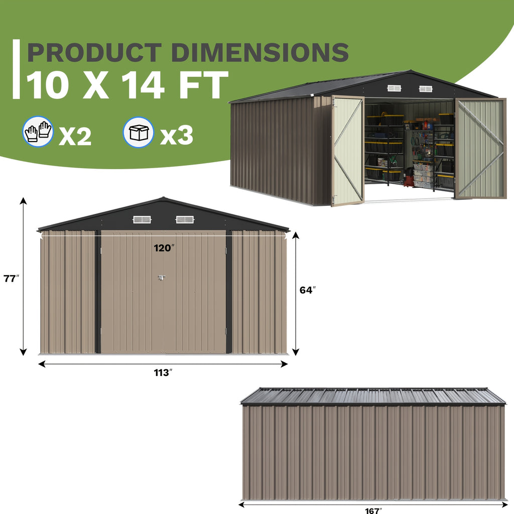 GUNJI Heavy-Duty 10X14 FT & 5X3 FT Metal Garden Shed With Double Hinged Large DoorSecure Tool Sheds & Backyard Organization For Outdoor Storage Solutions, Patio Storage, Garbage Can, Chicken Coop