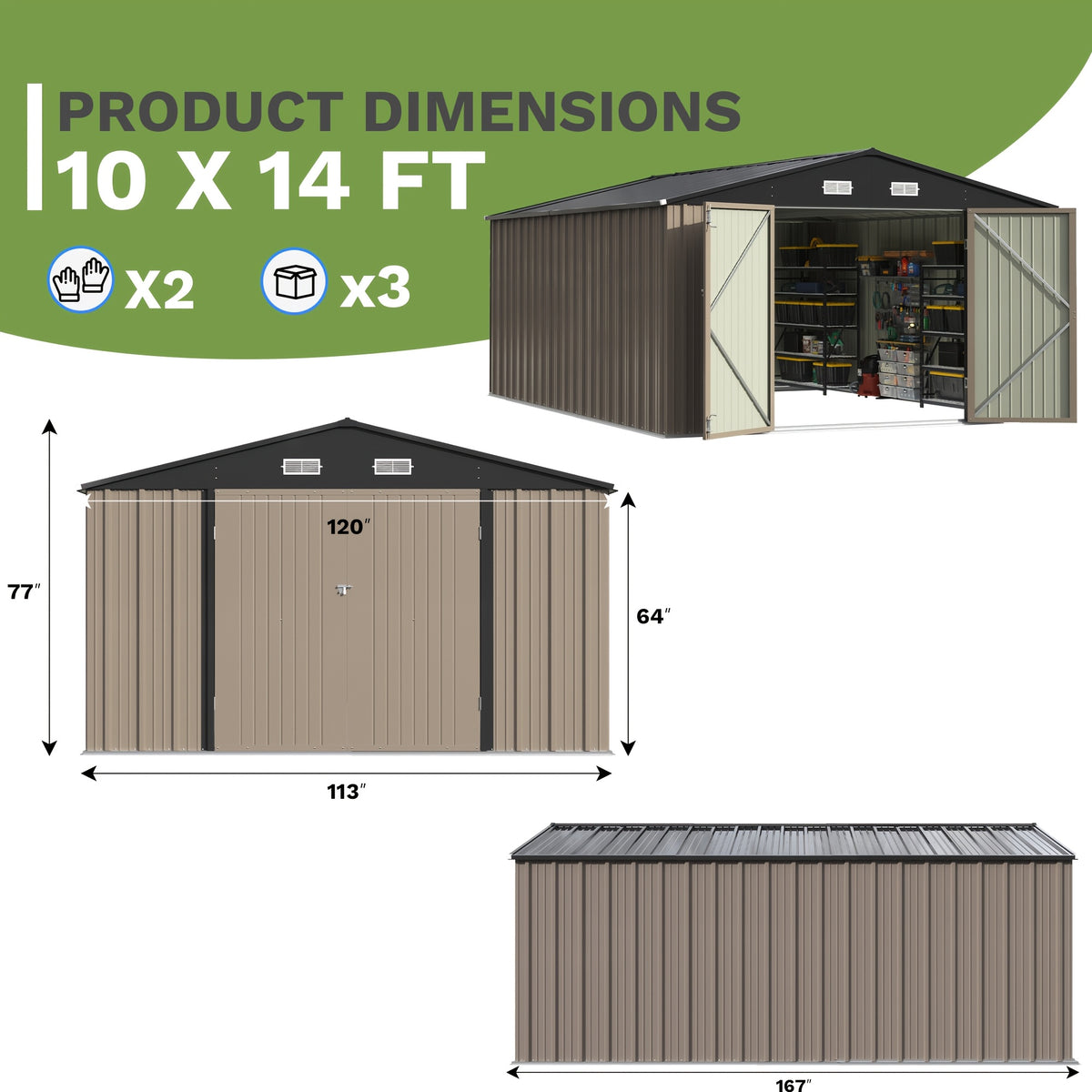 GUNJI Heavy-Duty 10X14 FT & 5X3 FT Metal Garden Shed With Double Hinged Large DoorSecure Tool Sheds & Backyard Organization For Outdoor Storage Solutions, Patio Storage, Garbage Can, Chicken Coop