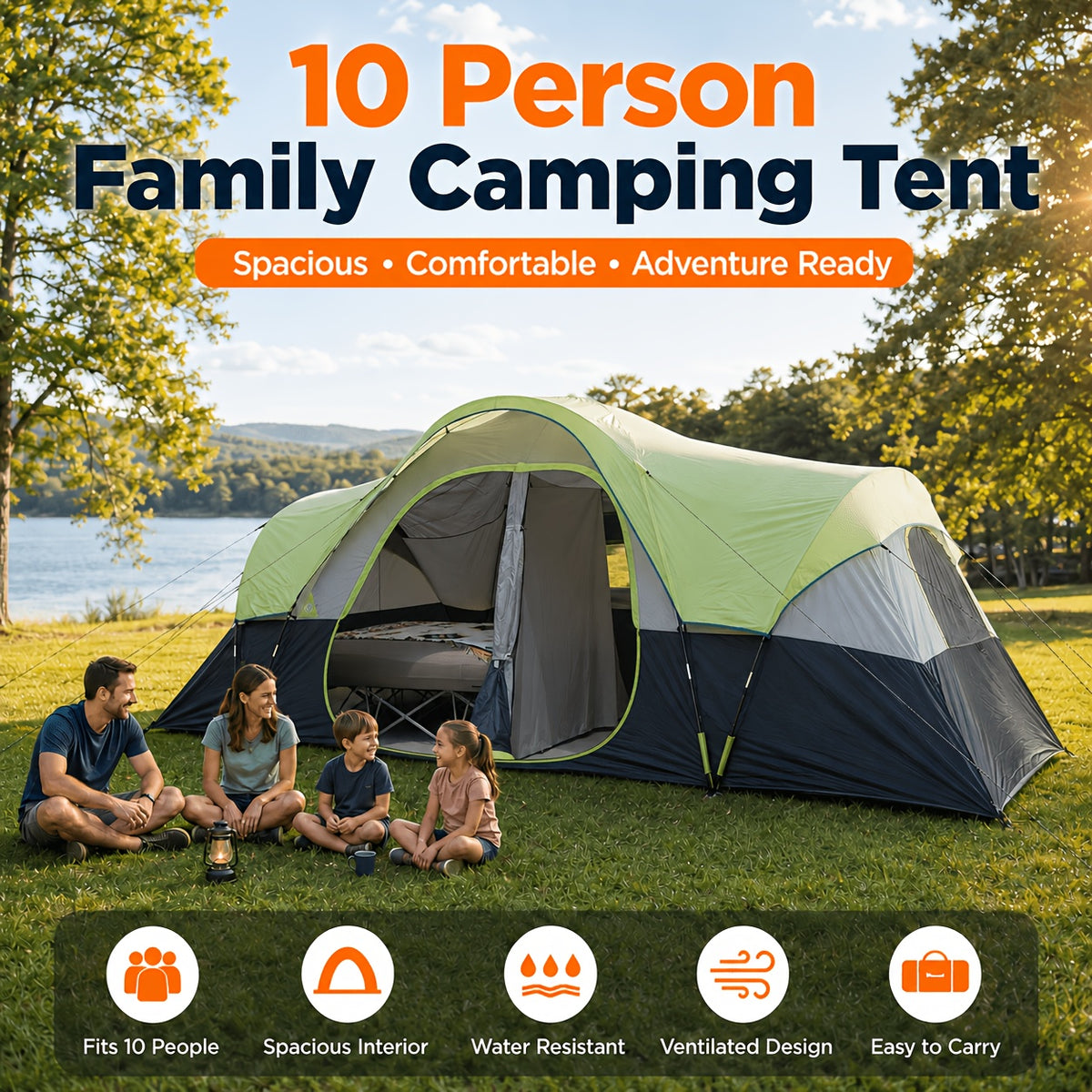 Group Camping Tent for 10 People, Two-Room Privacy Cabin with Mesh Windows and Easy Setup for Family Outdoor Trips