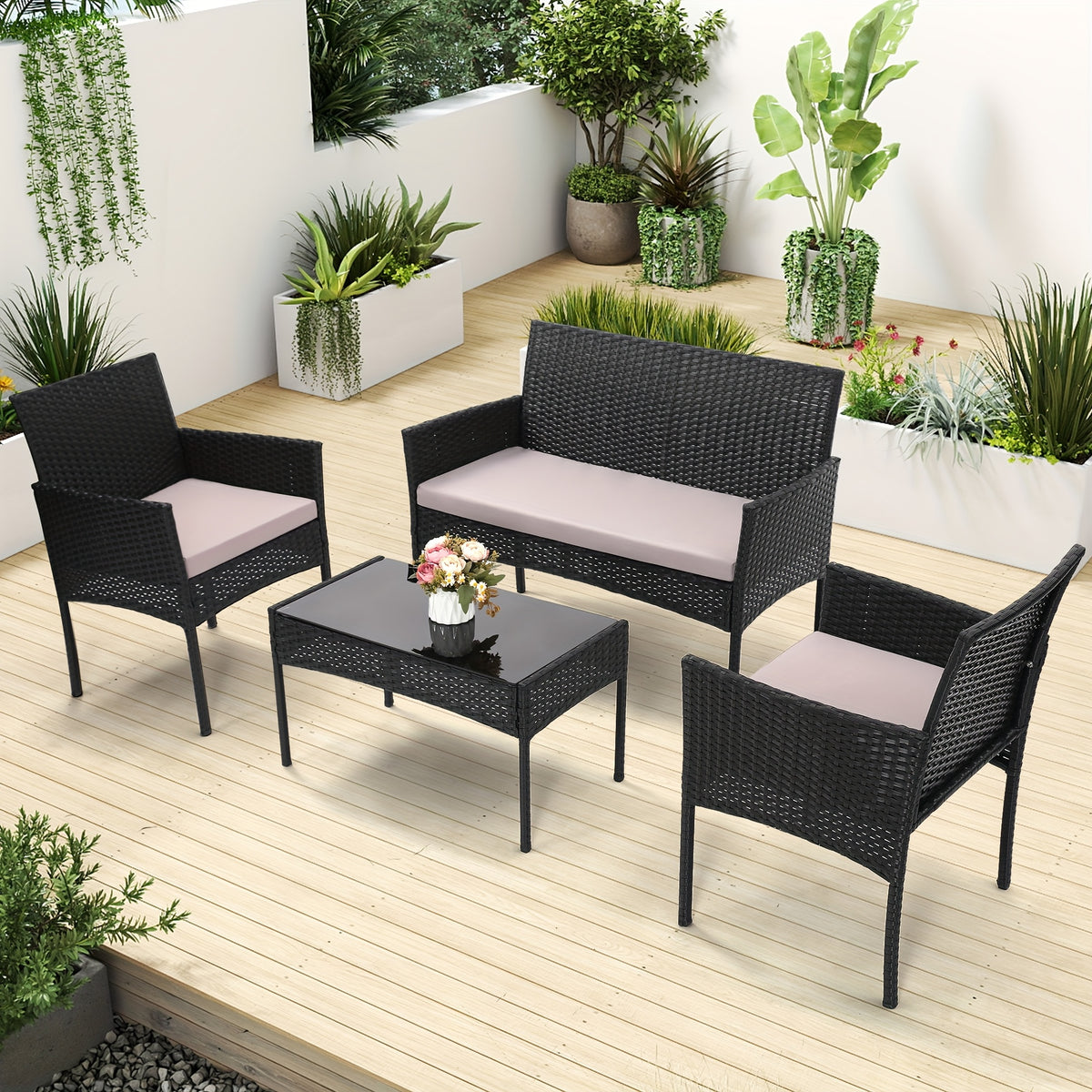 KROFEM 4pcs Bistro Conversation Rattan Furniture Set, Designed for Casual Worry Free Outdoor Living, Premium Quality Sofa, 2 Chairs And Sofa Loveseat with Cushions Plus Glass Top Coffee Table, for Patio, Porch, Or Balcony