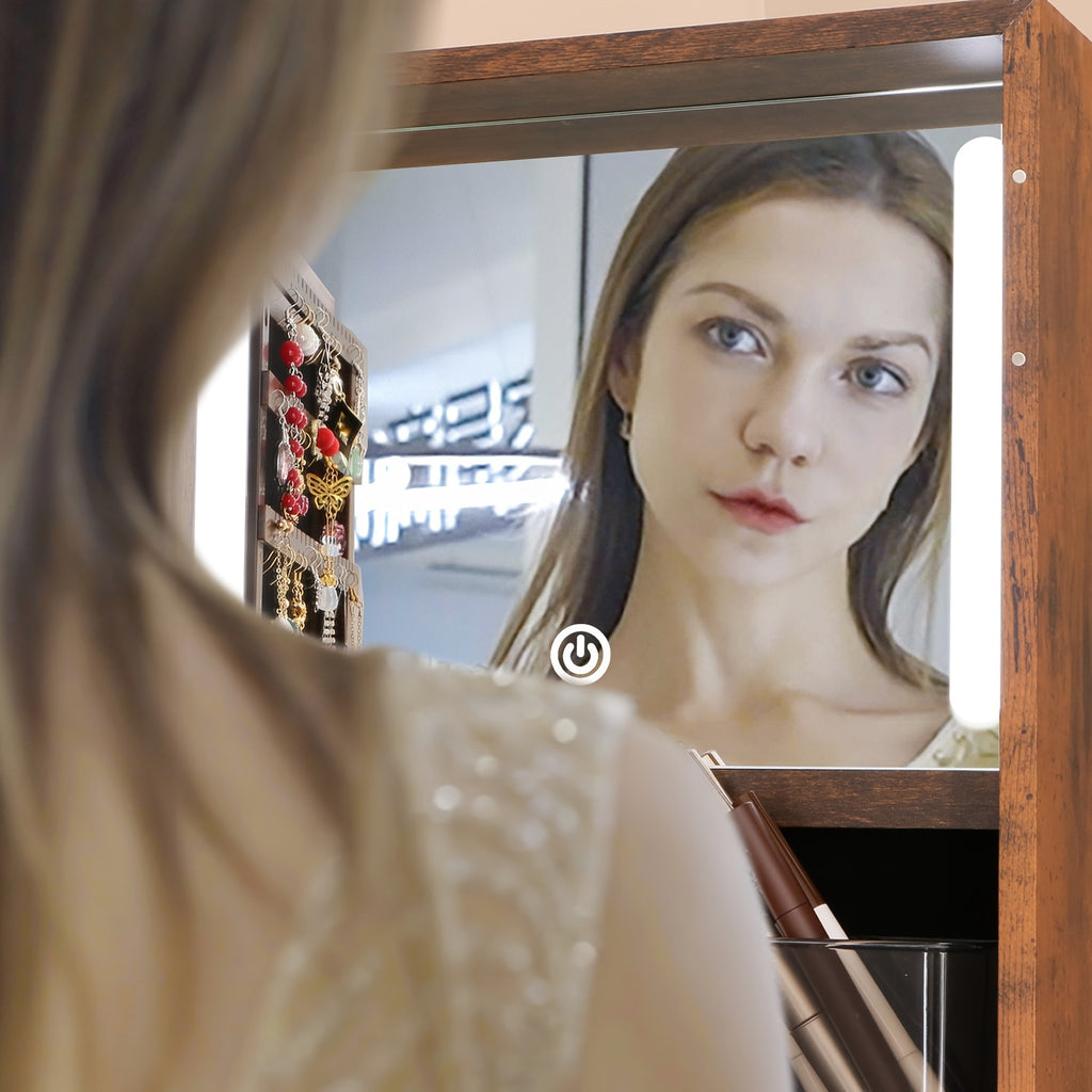 Mirror with Storage Jewelry Cabinet Standing Lockable Jewelry Organizer with Full-Length Mirror Storage Shelves Interior LED Mirror Jewelry Armoire with Wheels Hair Dryer Holder Christmas Gift, Jewelry Armoires