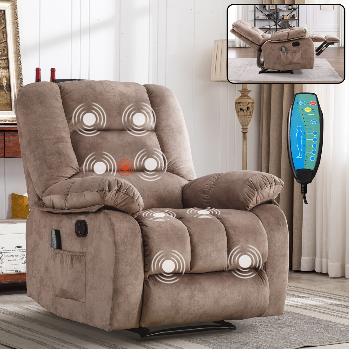Oversized Manual Recliner Chair with Massage And Heat, Soft Fabric Reclining Single Sofa with Lumbar Heating & 8 Vibration Points, Overstuffed Lounge Chair for Living Room