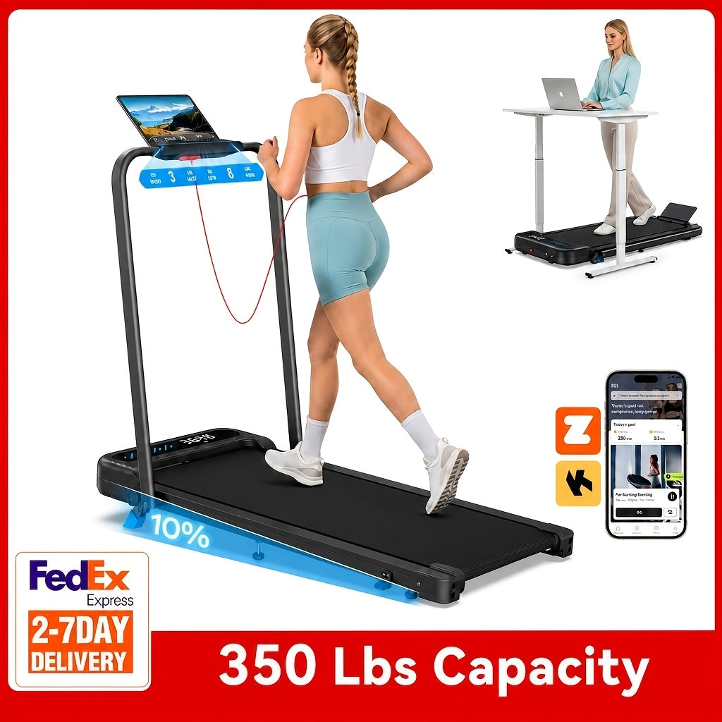 Folding Walking Pad Treadmill with Handle Bar, Low Noise Walking Pad Treadmill for Home Small, 3.0 HP Quiet Walking Pad Treadmill with 350 LBS Capacity, 0.6-6.2MPH, Remote & LED Display, with ZWIFT/KINOMAP APP